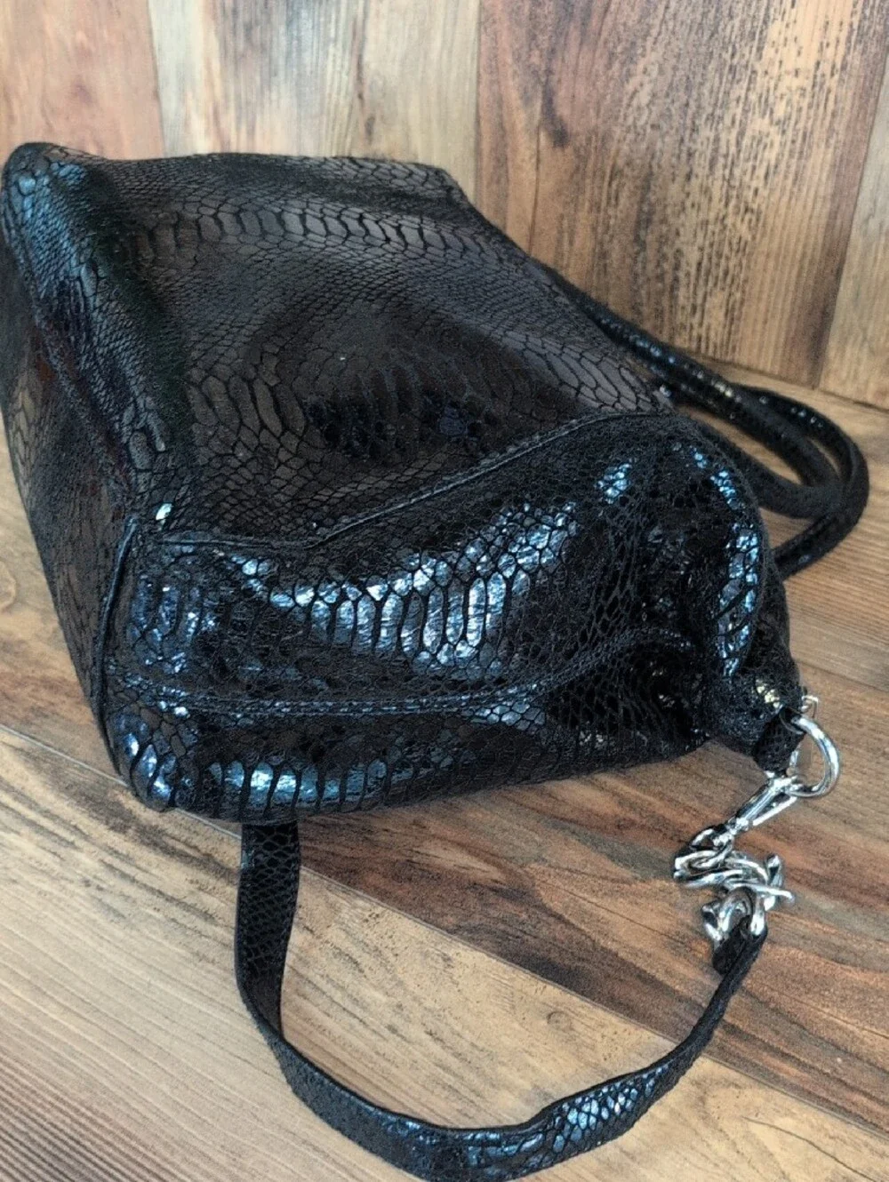 Michael Kors Glossy Snake-Embossed Python Satchel with MK Medallion M478